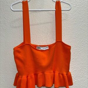 Zara Vibrant Orange Crop Top with Ruffle Hem